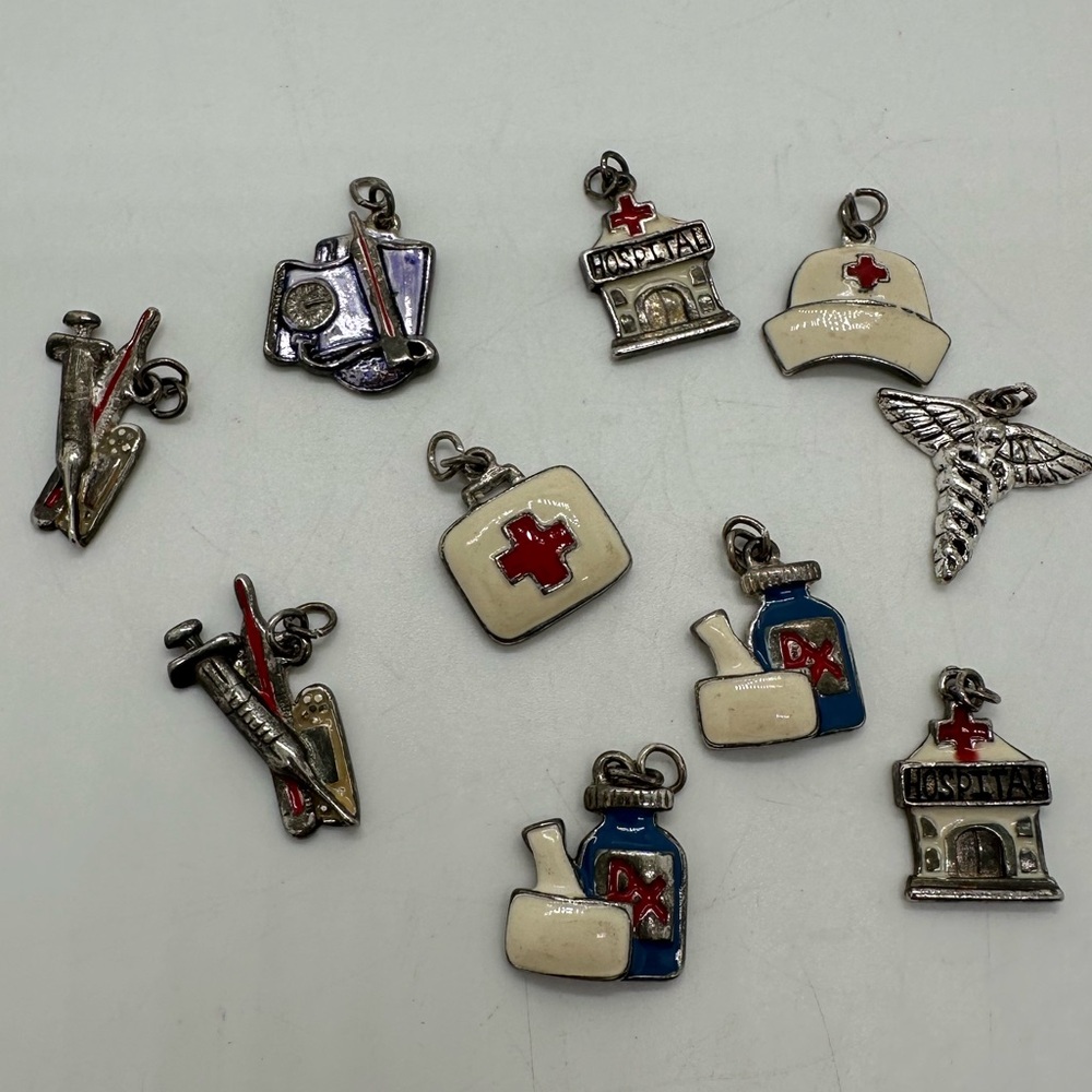10 vintage silvertone enamel medical style charms